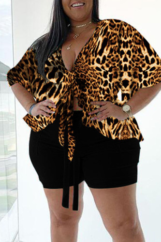Leopard Print Sexy Print Bandage Patchwork Asymmetrical V Neck Plus Size Two Pieces