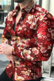 Red Fashion Print Patchwork Buckle Turndown Collar Tops