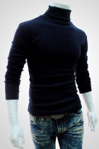 Navy Blue Casual Solid Patchwork Turtleneck Tops