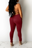 Burgundy Sexy Solid Patchwork Halter Skinny Jumpsuits