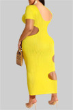 Vestido amarelo fashion sexy sólido vazado com gola redonda manga curta