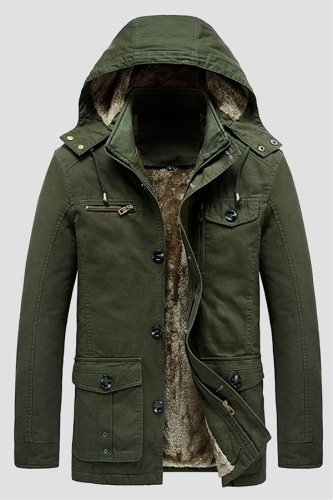 Army Green Casual Solid Pocket Buckle Hooded Collar Oberbekleidung
