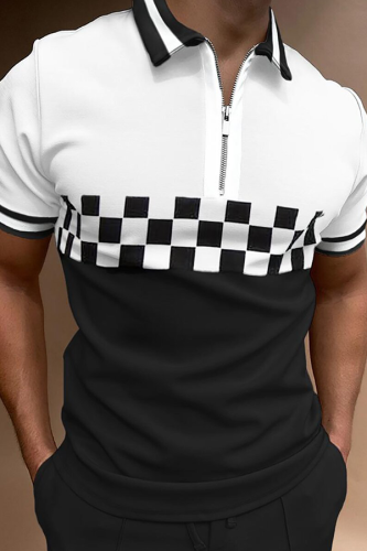 Black And White Fashion Casual Plaid Split Joint Zipper POLO collar Tops
