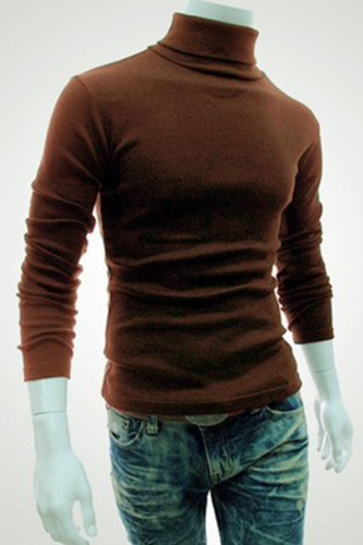 Coffee Casual Solid Split Joint Turtleneck Tops