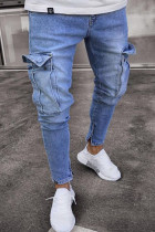 Модные однотонные брюки-карандаш светло-голубого цвета в стиле пэчворк со средней талией