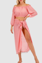 Pink Sexy Solid Tassel Patchwork Off the Shoulder Long Sleeve Two Pieces