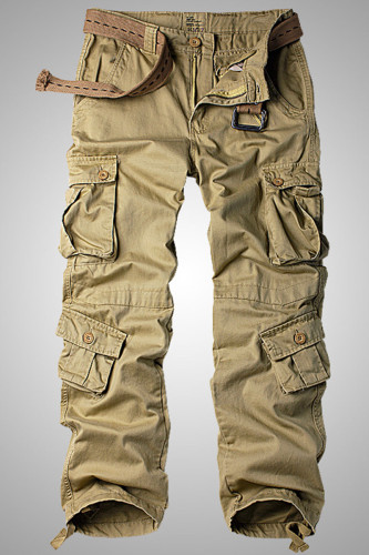 Khaki Casual Solid Patchwork Pocket Straight Straight Solid Color Pants