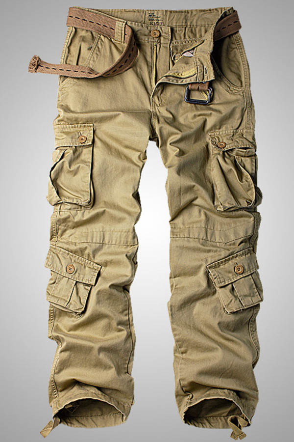 Pantalones caqui casual sólido patchwork bolsillo recto recto color sólido
