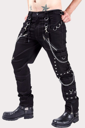 Black Street Punk Patchwork Chains Without Belt Zipper Straight Patchwork Bottoms