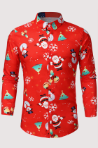 Rojo Casual Street Santa Claus Árbol de Navidad Impreso Hebilla Turndown Collar Tops