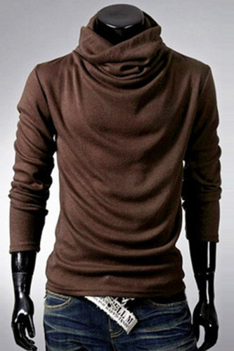 Coffee Casual Solid Patchwork Turtleneck Tops