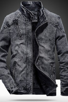 Blue Casual Street Solid Make Old Patchwork Zipper Denim Jackets