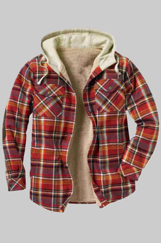 Red Fashion Casual Plaid Split Joint Hooded Collar Outerwear