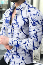 White Blue Fashion Print Patchwork Buckle Turndown Collar Tops