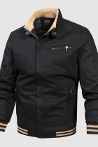 Matte Black Casual Solid Embroidered Patchwork Pocket Zipper Mandarin Collar Outerwear