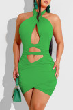 Green Fashion Sexy Solid Hollowed Out Backless Halter Sleeveless Dress Dresses
