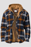 Brown Casual Plaid Draw String Zipper Hooded Collar Outerwear