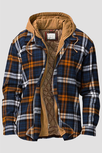 Multicolor Casual Plaid Draw String Zipper Hooded Collar Outerwear