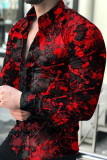 Red Fashion Street Print Patchwork Fivela Turndown Collar Tops