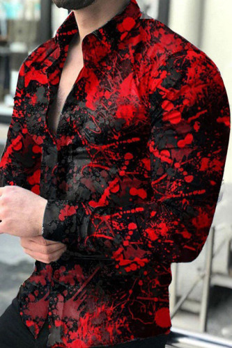 Red Fashion Street Print Split Joint Buckle Turndown Collar Tops
