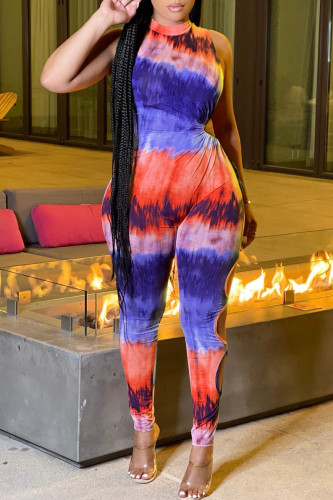 Blue Orange Fashion Sexy Print Bandage Hollowed Out Half A Turtleneck Skinny Jumpsuits