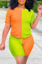 オレンジ グリーン ファッション カジュアル 無地 パッチワーク Oネック 半袖 ツーピース
