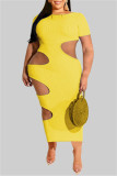 Желтое модное сексуальное однотонное платье с круглым вырезом и коротким рукавом