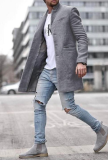 Prendas de abrigo de cuello vuelto con hebilla de bolsillo sólido de moda gris claro