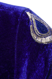 Azul Royal Fashion Bordado Patchwork Botões Casacos com gola virada para trás