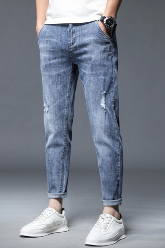 Blue Casual Ripped Make Old Split Joint Mid Waist Denim Jeans