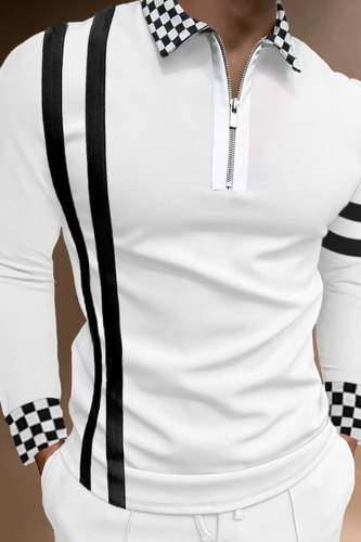 White Fashion Casual Plaid Striped Contrast Zipper POLO collar Tops