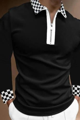 Black Fashion Casual Plaid Contrast Zipper POLO collar Tops