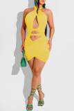 Yellow Fashion Sexy Solid Hollowed Out Backless Halter Sleeveless Dress Dresses