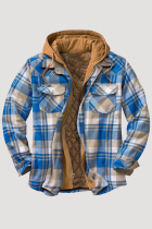 Sky Blue Fashion Casual Plaid Patchwork Pocket Hooded Collar Outerwear