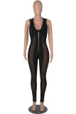 Macacão skinny preto fashion sexy patchwork transparente com decote em V