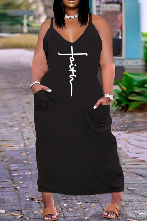 Vestido largo con correa de espagueti sin espalda con estampado de talla grande sexy de moda en blanco y negro