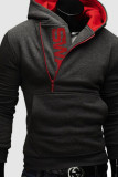 Black Casual Print Patchwork Zipper Hooded Collar Tops