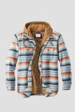 Gray Blue Casual Plaid Draw String Zipper Hooded Collar Outerwear