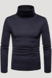 Navy Blue Fashion Casual Solid Patchwork Basic Turtleneck Tops