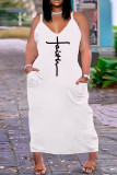 Белое модное сексуальное длинное платье больших размеров с принтом и открытой спиной на тонких бретелях