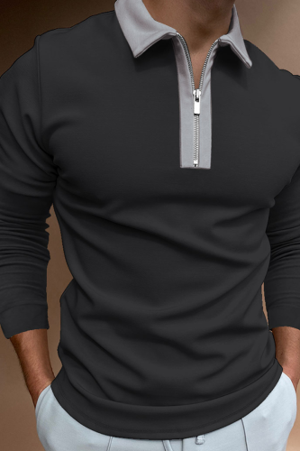 Grey Fashion Casual Patchwork Contrast Zipper POLO collar Tops