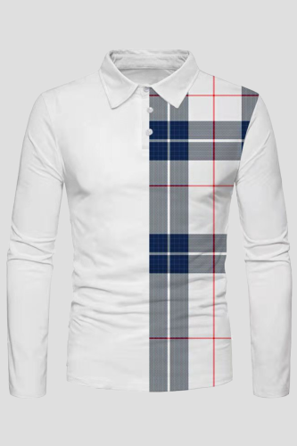 White Fashion Casual Plaid Patchwork Buckle POLO collar Tops