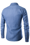Tops de gola de camisa azul claro moda casual patchwork fivela