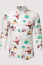 White Casual Street Santa Claus Christmas Tree Printed Buckle Turndown Collar Tops