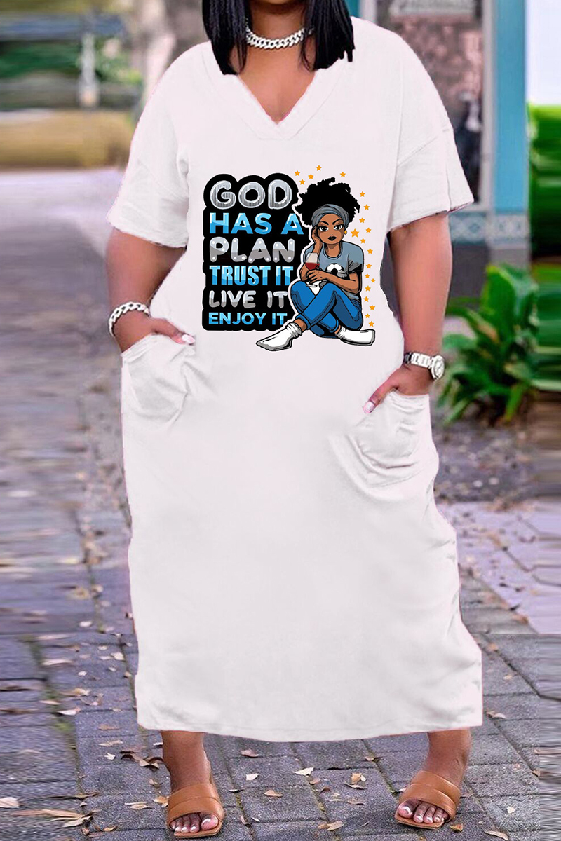 

White Blue Fashion Casual Plus Size Print Basic V Neck Short Sleeve Dress
