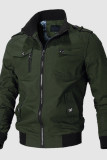 Army Green Casual Solid Embroidered Patchwork Pocket Zipper Mandarin Collar Outerwear