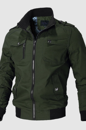 Prendas de abrigo casual sólido bordado patchwork bolsillo cremallera cuello mandarín verde oscuro