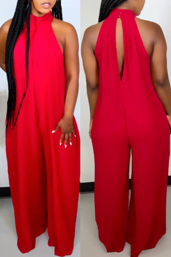 Red Fashion Casual Daily Solid Cut Out Halter Loose Jumpsuits