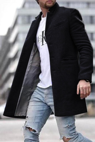 Schwarze Mode Solide Taschenschnalle Umlegekragen Oberbekleidung