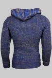 Blauwe mode casual effen patchwork tops met capuchon en kraag